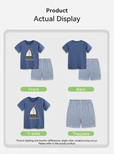 Detail view of boys' navy t-shirt with sailboat print and striped shorts summer outfit set