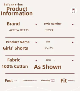 Tableau des tailles pour shorts en coton fille avec détails du tissu et mesures de 2Y à 7Y