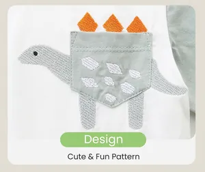 Detail of cartoon dinosaur embroidery on cotton pocket with premium knit fabric texture