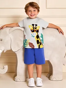 Ensemble T-Shirt à Manches Courtes et Short en Coton 100% pour Garçons Avec Graphisme de Girafe de Dessin Animé Tenue d'Été Décontractée pour Enfants
