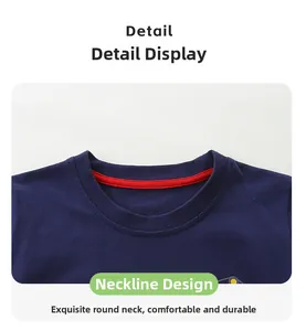Detail view of navy blue crew neck t-shirt with red contrast binding and cotton texture