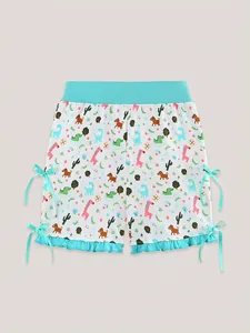 Girls' cotton summer shorts with dinosaur animal prints and blue bow details