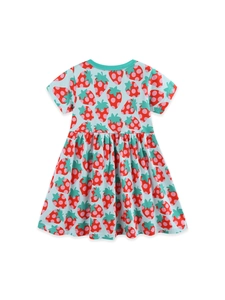 Robe princesse fille bleu clair à manches courtes et imprimé fraises en coton doux