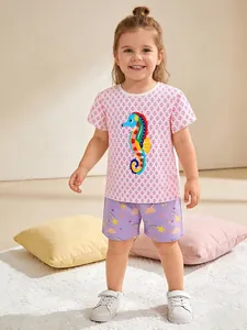Cotton Toddler Girls Summer Clothing Set Short Sleeve Seahorse Print Top And Rainbow Star Shorts Two Piece Outfits