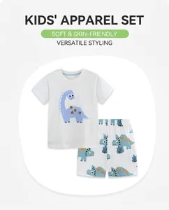 Flat lay of boys white T-shirt and blue dinosaur printed shorts set for kids