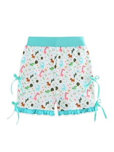 Girls' white summer cotton shorts featuring colorful animal prints and mint green bows