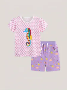 Girls summer cotton set with pink seahorse t-shirt and purple star printed shorts