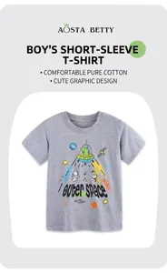 Close-up of soft cotton gray t-shirt with outer space dinosaur and astronaut prints