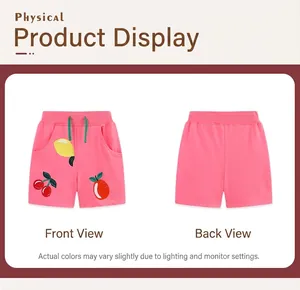 Vues détaillées avant et arrière du short rose en coton pour filles avec broderie de fruits