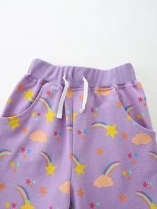 Girls purple cotton shorts set with colorful star and rainbow prints for summer comfort
