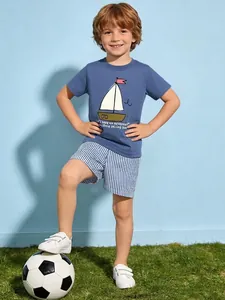 Toddler Boys Summer Cotton Short Sleeve T-Shirt And Striped Shorts Cartoon Sailing Boat Print Casual Outfit
