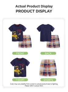 Detailed view of kids navy construction tee and plaid shorts outfit set on white background
