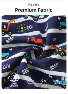 Detail of 100% cotton striped fabric with cartoon construction vehicle prints