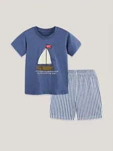 Toddler boys summer cotton set with navy sailboat print t-shirt and striped shorts
