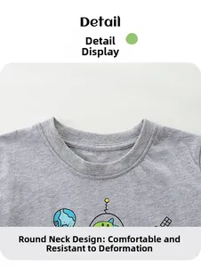 Detail view of the ribbed round neckline on the gray cotton cartoon t-shirt for boys