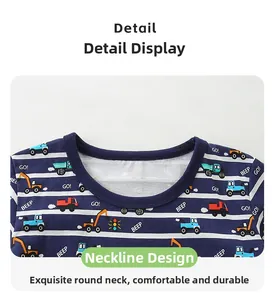 Detail view of cotton striped crewneck collar with colorful cartoon construction trucks print