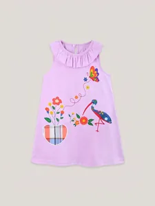 Robe sans manches fille en coton lavande avec broderie papillon et col à volants