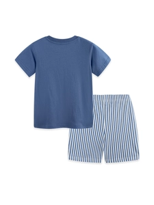 Boys summer cotton set with dark blue t-shirt and blue white vertical striped shorts