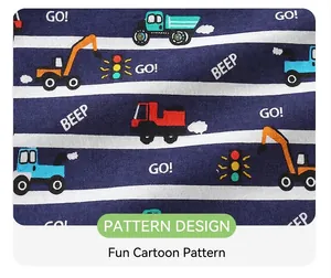 Close-up of knit cotton fabric with colorful cartoon construction vehicle prints