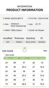 Detailed size guide table for children's 100% cotton short sleeve t-shirt and shorts set
