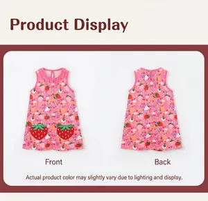 Vue avant et arrière de la robe rose pour filles avec imprimé fraise et poches