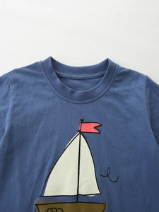 Navy blue kids long sleeve cotton t-shirt with cartoon sailboat print and crew neck