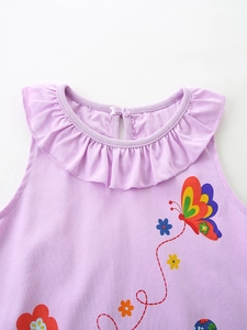 Robe sans manches violet clair pour filles avec col à volants et motifs papillons et fleurs