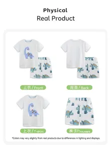 Detail view of boys' summer cotton set showing white dinosaur t-shirt and printed shorts