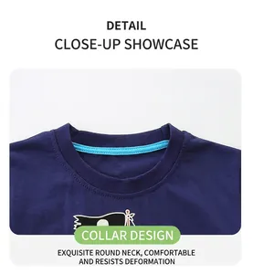 Detail view of cotton navy blue t-shirt neckline with reinforcement tape for durability