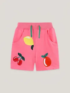 Short d'été rose en coton pour filles avec broderies de fruits et cordon de serrage