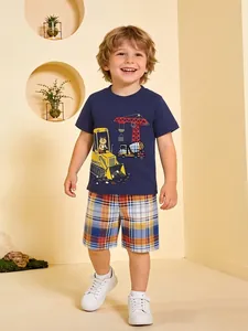 Boys Summer Cotton 2 Piece Set Engineering Vehicle Printed Short Sleeve T-Shirt And Plaid Shorts Casual Boys Outfit