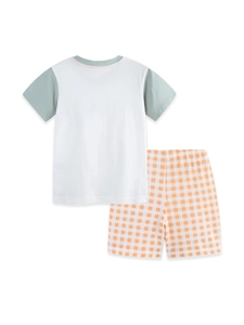 Toddler cartoon dinosaur print t-shirt and orange plaid shorts two-piece cotton set