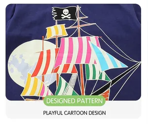 Detail of navy blue kids T-shirt with colorful sailboat and pirate flag print
