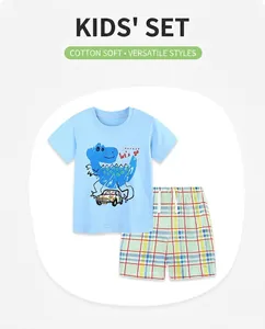Sky blue t-shirt with dinosaur print and colorful plaid shorts toddler summer set