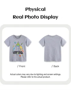 Detailed front and back views of gray cotton kids T-shirt with outer space dinosaur print
