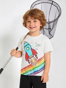 T-Shirt en Coton Imprimé Fusée Spatiale pour Garçons Enfants Décontracté Col Rond Blanc Top Arc-en-Ciel Étoile Planète Vêtements