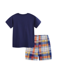Boys summer two-piece outfit featuring navy blue t-shirt and colorful plaid shorts