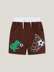 Short tricoté marron pour garçon avec broderie dinosaure et football et cordon