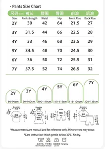 Size chart for boys shorts set featuring 2Y to 7Y measurements and washing guide