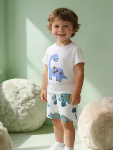 Kids Boys Cotton Summer Dinosaur Pattern T-Shirt And Shorts Two Piece Set Casual Short Sleeve Home Wear Outfit