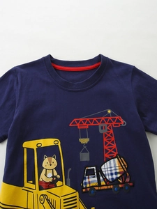Boys navy blue cotton T-shirt featuring cartoon construction truck embroidery and prints