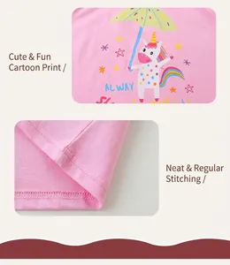 Detail eines rosa Mädchen-T-Shirts mit Einhorn-Druck und sauberen Nähten