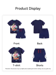 Detailed view of navy blue kids summer set with pirate ship print and shark fin shorts