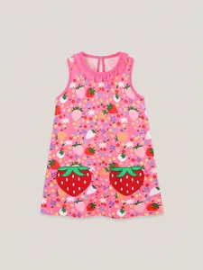 Robe sans manches rose pour filles avec imprimé fraises et poches 3D décoratives