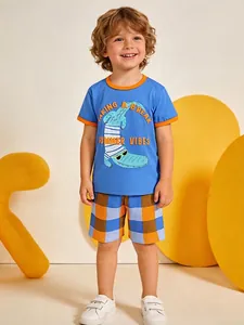 Boys Summer Cotton T-Shirt And Plaid Shorts Cartoon Crocodile Print Breathable Casual Short Sleeve Top And Bottoms Outfit