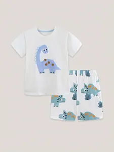 Boys summer cotton pajama set featuring white T-shirt with dinosaur embroidery and printed shorts