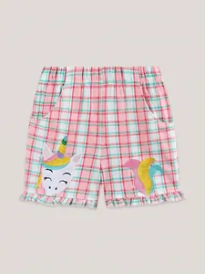 Short de sport à carreaux pour filles avec broderie licorne et bords volantés