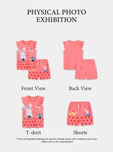 Detailed views of pink kids summer set featuring rabbit embroidery and heart patterns