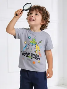 Boys Cotton Short Sleeve T-Shirt Cartoon Space Dinosaur Printed Crew Neck Pullover Summer Casual Top For Kids Toddlers
