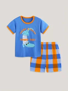 Boys summer two-piece plaid shorts set with cartoon crocodile print in sky blue and orange